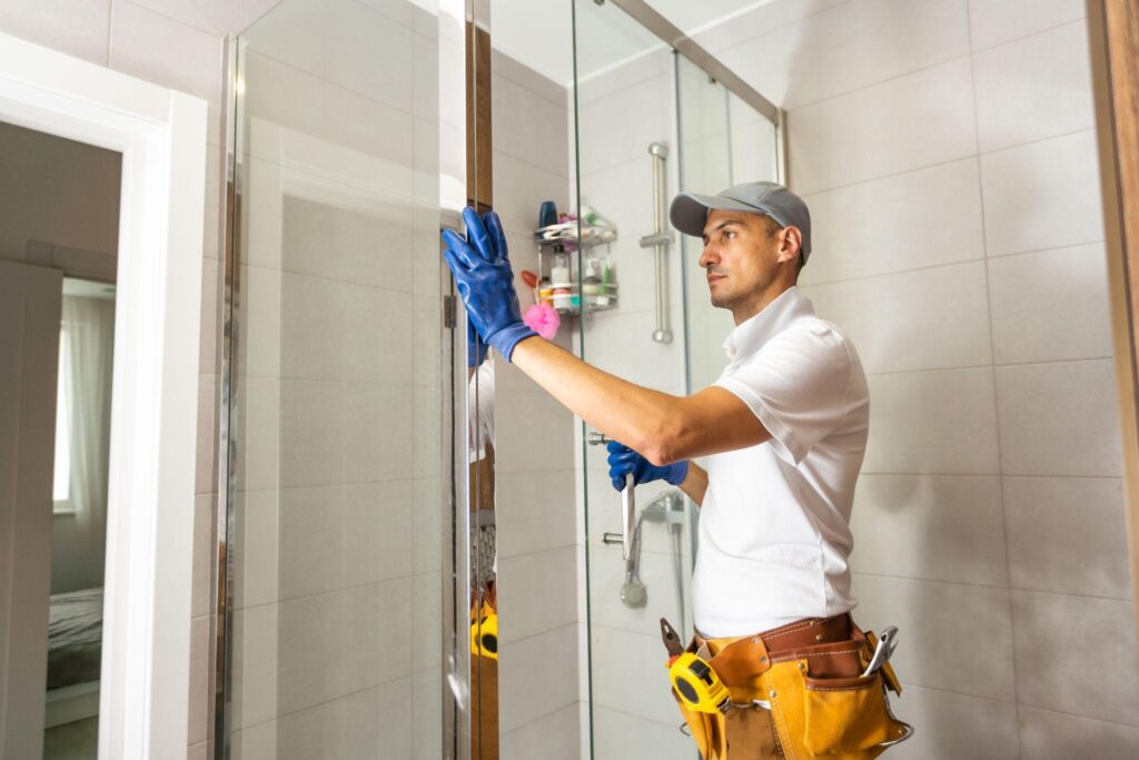 Professional installing shower stall unit 